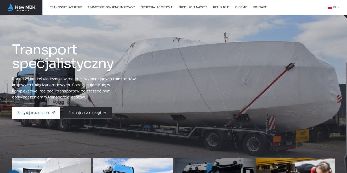 Zrzut ekranu strony głównej NEW MBK - transport jachtów i ładunków ponadnormatywnych