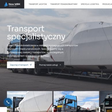 Zrzut ekranu strony głównej NEW MBK - transport jachtów i ładunków ponadnormatywnych